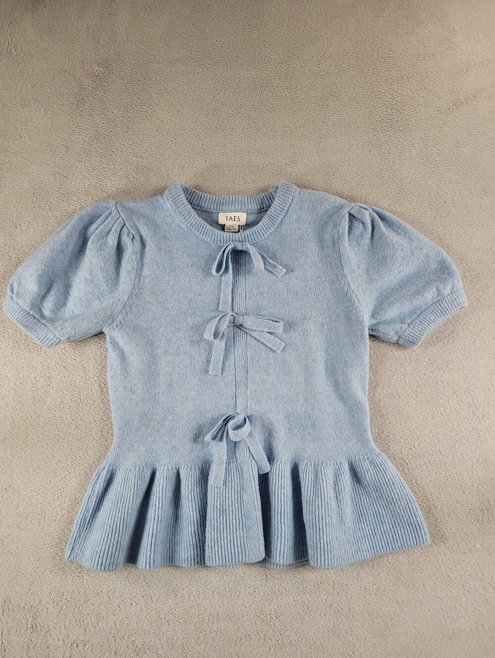 TAES Blue Knit Bow Front Peplum Top Puff Sleeve Sweater - Picture 2 of 11